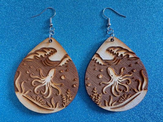Octopus Earrings: Laser Cut Wood Sea Creature, Waves, Ocean, Hawaii, Octopuses, Octopi, Beach, Fish, Aquatic, Best Gifts for Her/Him/Them