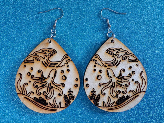 Octopus Earrings: Laser Cut Wood Sea Creature, Waves, Ocean, Hawaii, Octopuses, Octopi, Beach, Fish, Aquatic, Best Gifts for Her/Him/Them