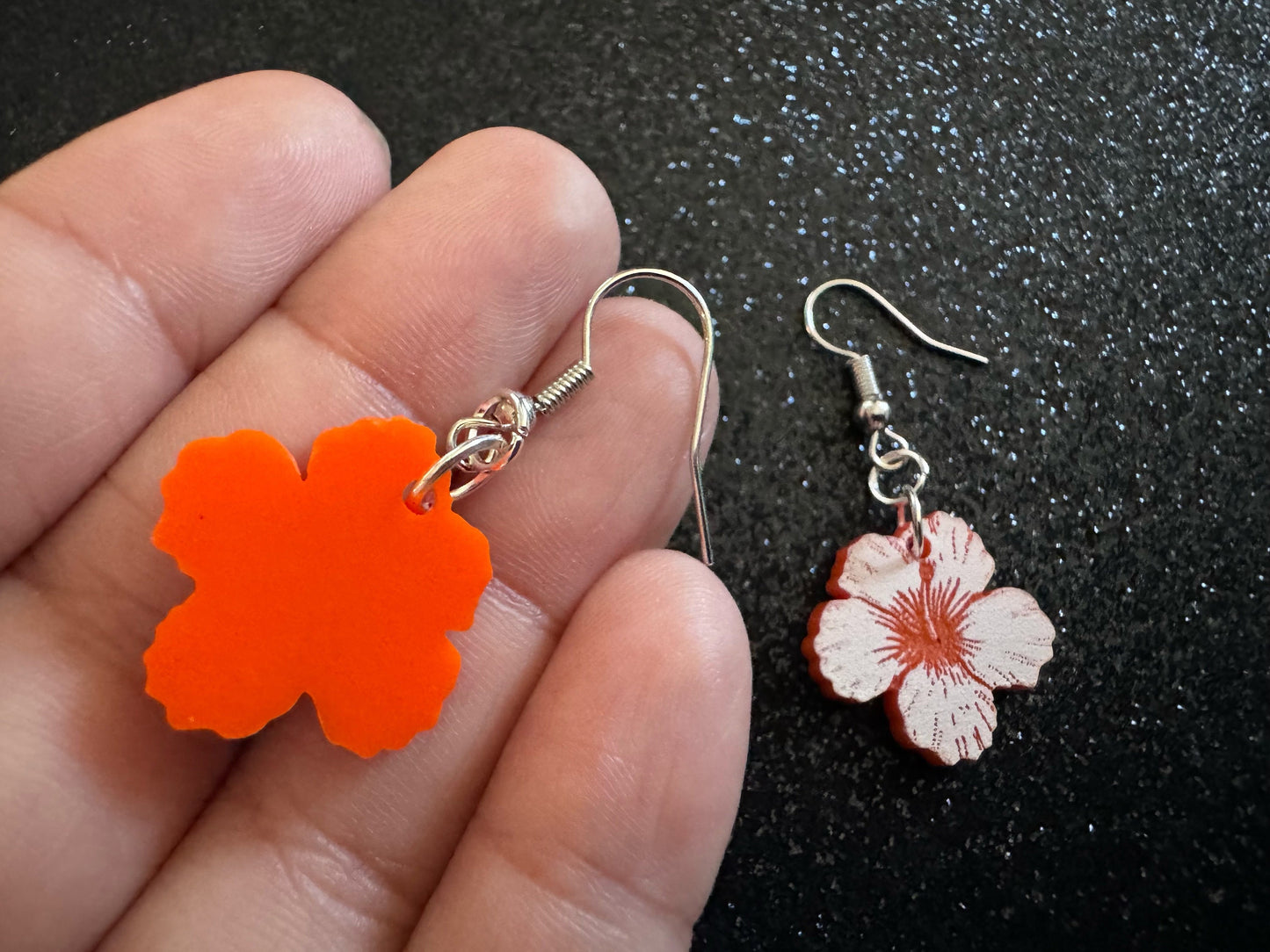 Orange Hibiscus Earrings: Laser Cut Acrylic Flowers, Floral, Flowers, Hawaii, Maui Strong, Summer Vibes, Best Gifts for Her/Him/Them