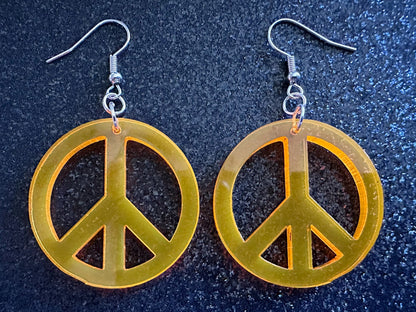 Orange Peace Sign Earrings: Laser Cut Acrylic Peace Signs, Hippie, Hipster, 80s, Happiness, Happy, Best Gifts for Her/Him/Them