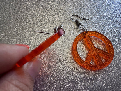 Orange Peace Sign Earrings: Laser Cut Acrylic Peace Signs, Hippie, Hipster, 80s, Happiness, Happy, Best Gifts for Her/Him/Them