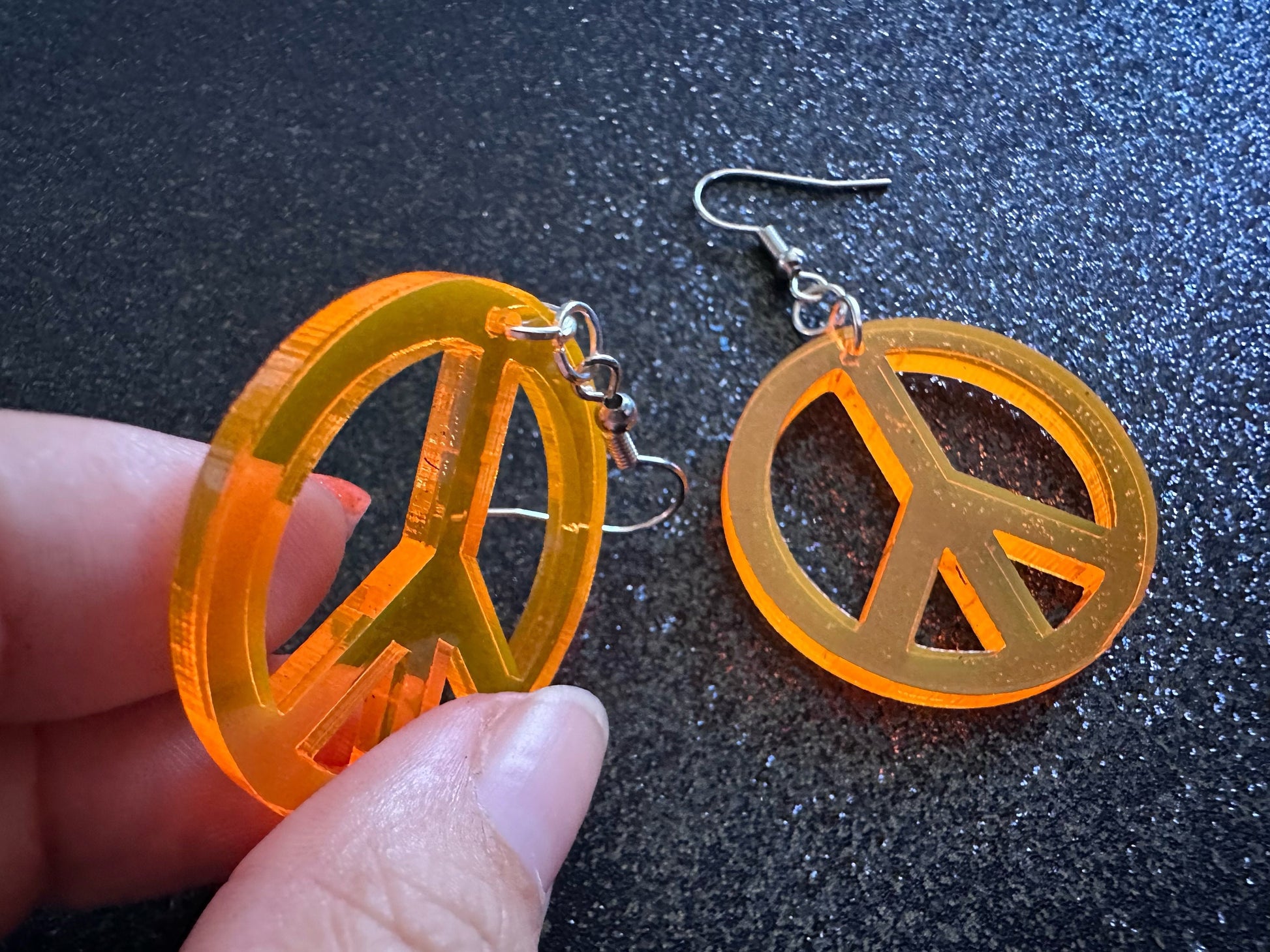 Orange Peace Sign Earrings: Laser Cut Acrylic Peace Signs, Hippie, Hipster, 80s, Happiness, Happy, Best Gifts for Her/Him/Them