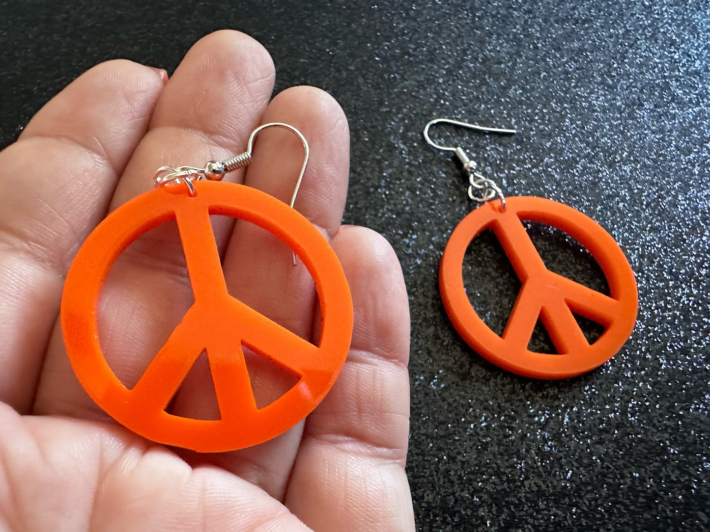 Orange Peace Sign Earrings: Laser Cut Acrylic Peace Signs, Hippie, Hipster, 80s, Happiness, Happy, Best Gifts for Her/Him/Them