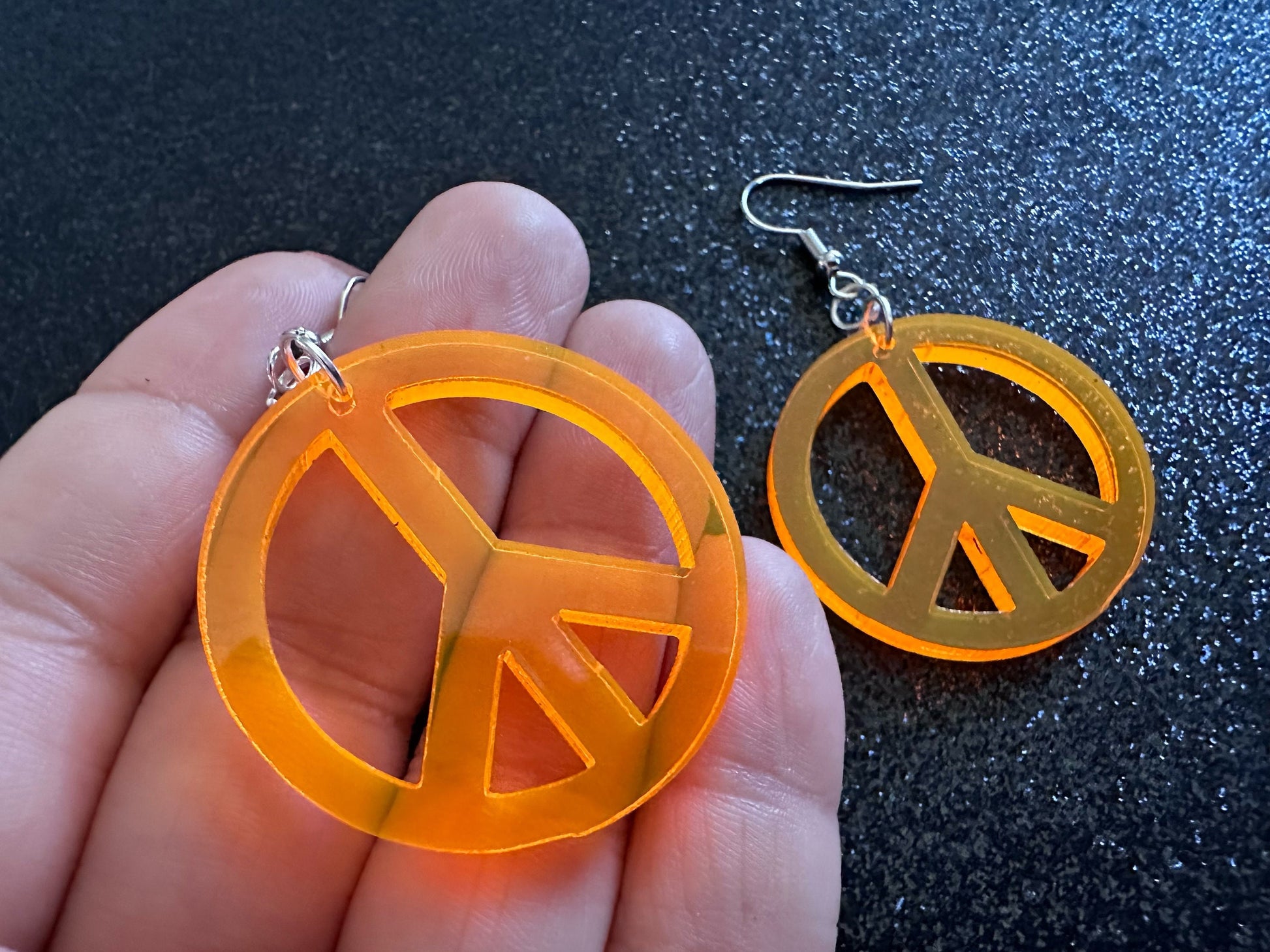 Orange Peace Sign Earrings: Laser Cut Acrylic Peace Signs, Hippie, Hipster, 80s, Happiness, Happy, Best Gifts for Her/Him/Them