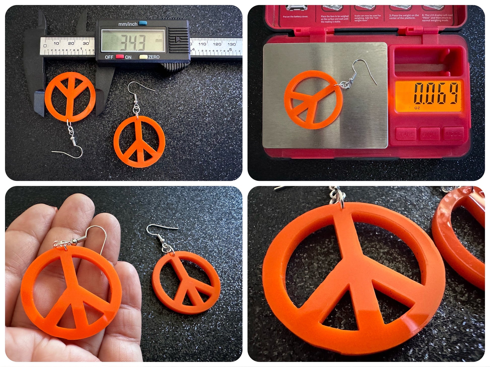 Orange Peace Sign Earrings: Laser Cut Acrylic Peace Signs, Hippie, Hipster, 80s, Happiness, Happy, Best Gifts for Her/Him/Them