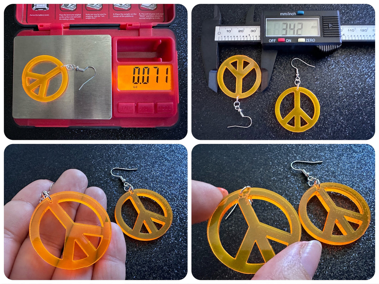 Orange Peace Sign Earrings: Laser Cut Acrylic Peace Signs, Hippie, Hipster, 80s, Happiness, Happy, Best Gifts for Her/Him/Them