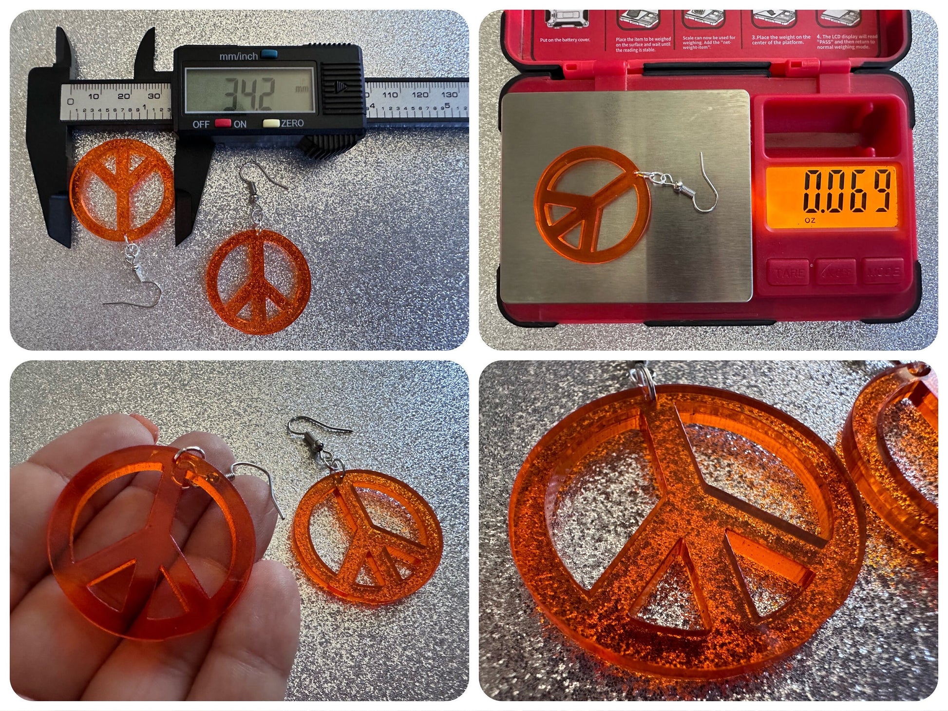 Orange Peace Sign Earrings: Laser Cut Acrylic Peace Signs, Hippie, Hipster, 80s, Happiness, Happy, Best Gifts for Her/Him/Them
