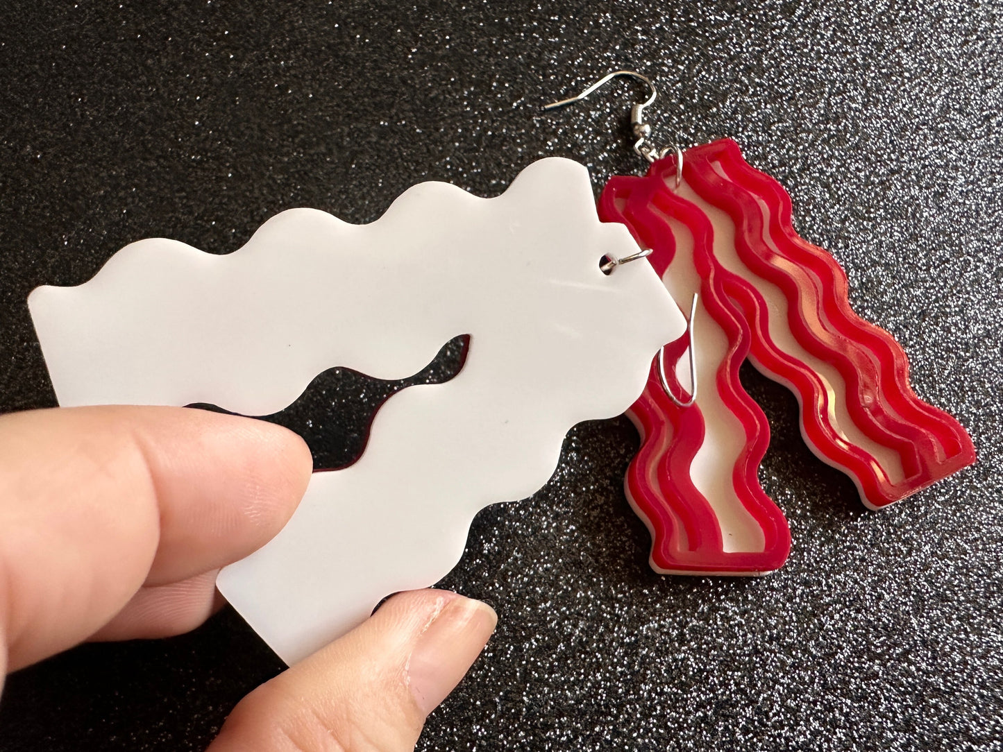 Oversized Bacon Earrings: Laser Cut Acrylic Bacon Strips, Breakfast, Cooking, Pork, Comfort Food Earrings, Best Gifts for Her/Him/Them