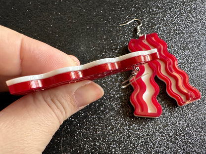 Oversized Bacon Earrings: Laser Cut Acrylic Bacon Strips, Breakfast, Cooking, Pork, Comfort Food Earrings, Best Gifts for Her/Him/Them