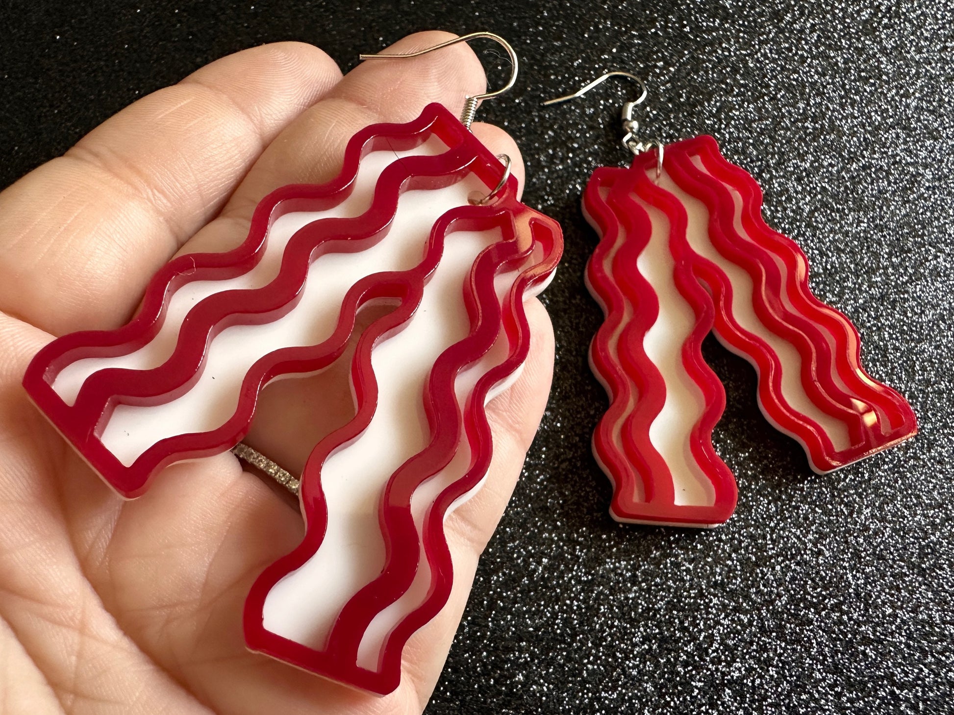 Oversized Bacon Earrings: Laser Cut Acrylic Bacon Strips, Breakfast, Cooking, Pork, Comfort Food Earrings, Best Gifts for Her/Him/Them