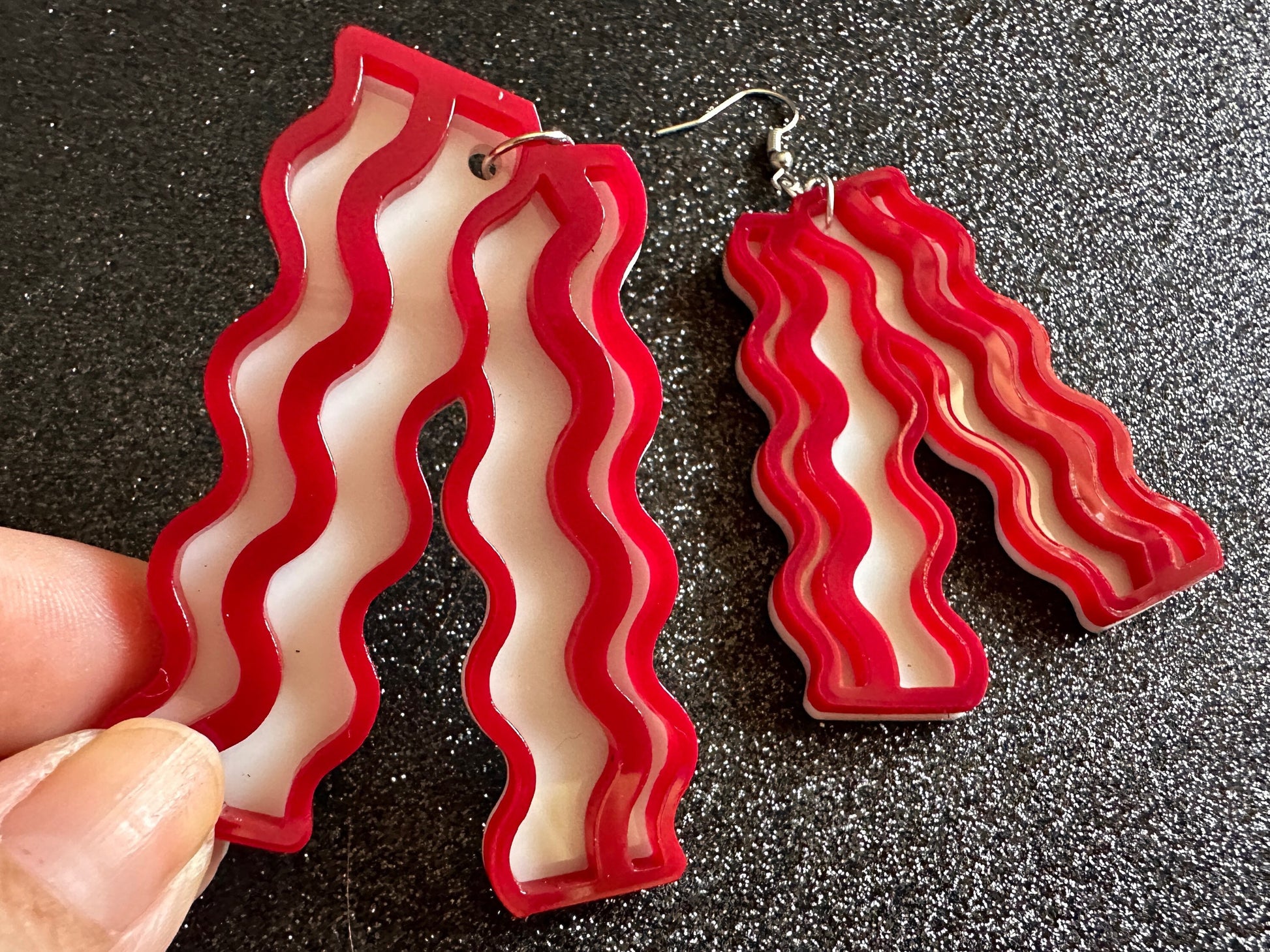 Oversized Bacon Earrings: Laser Cut Acrylic Bacon Strips, Breakfast, Cooking, Pork, Comfort Food Earrings, Best Gifts for Her/Him/Them