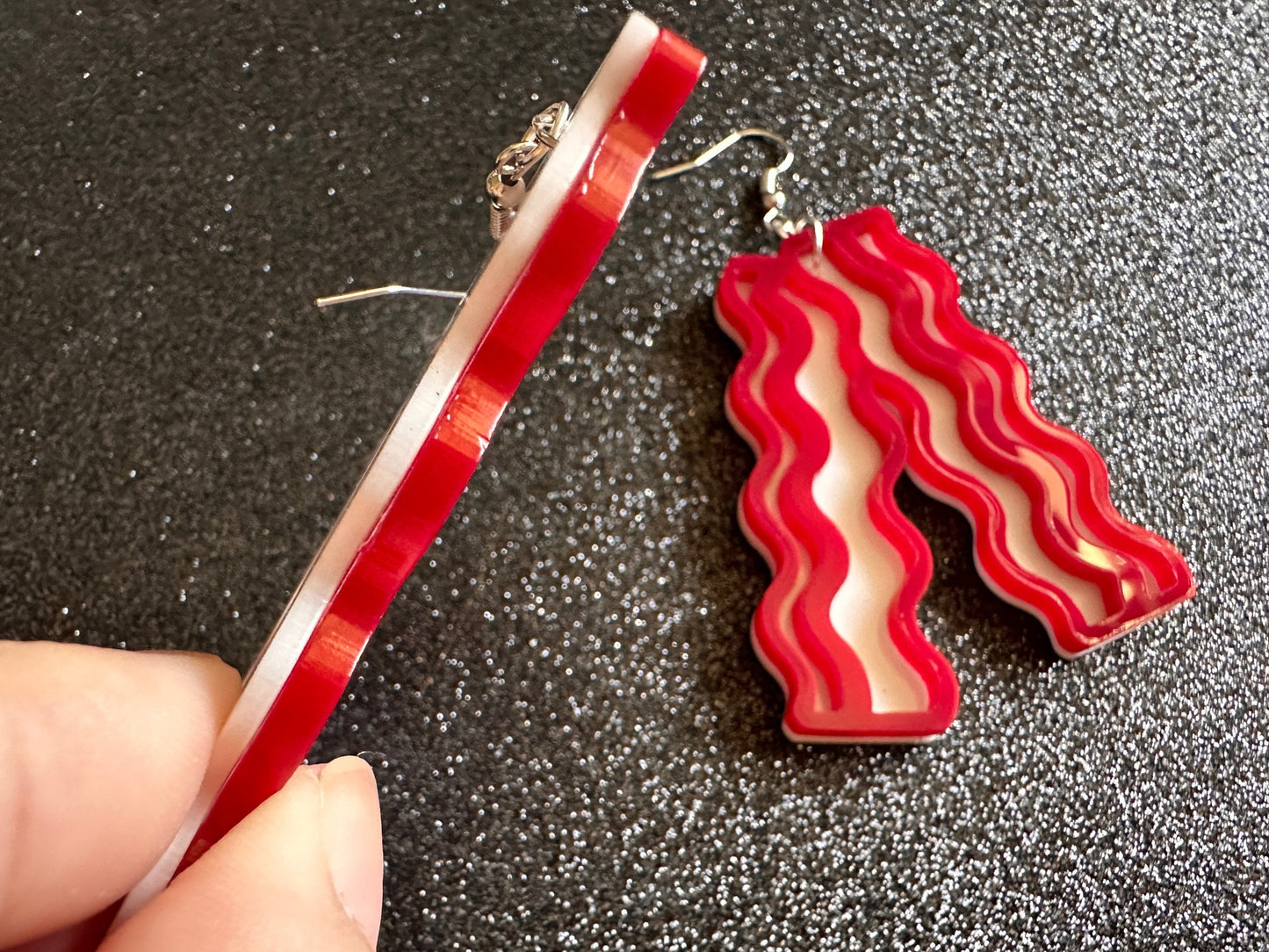 Oversized Bacon Earrings: Laser Cut Acrylic Bacon Strips, Breakfast, Cooking, Pork, Comfort Food Earrings, Best Gifts for Her/Him/Them