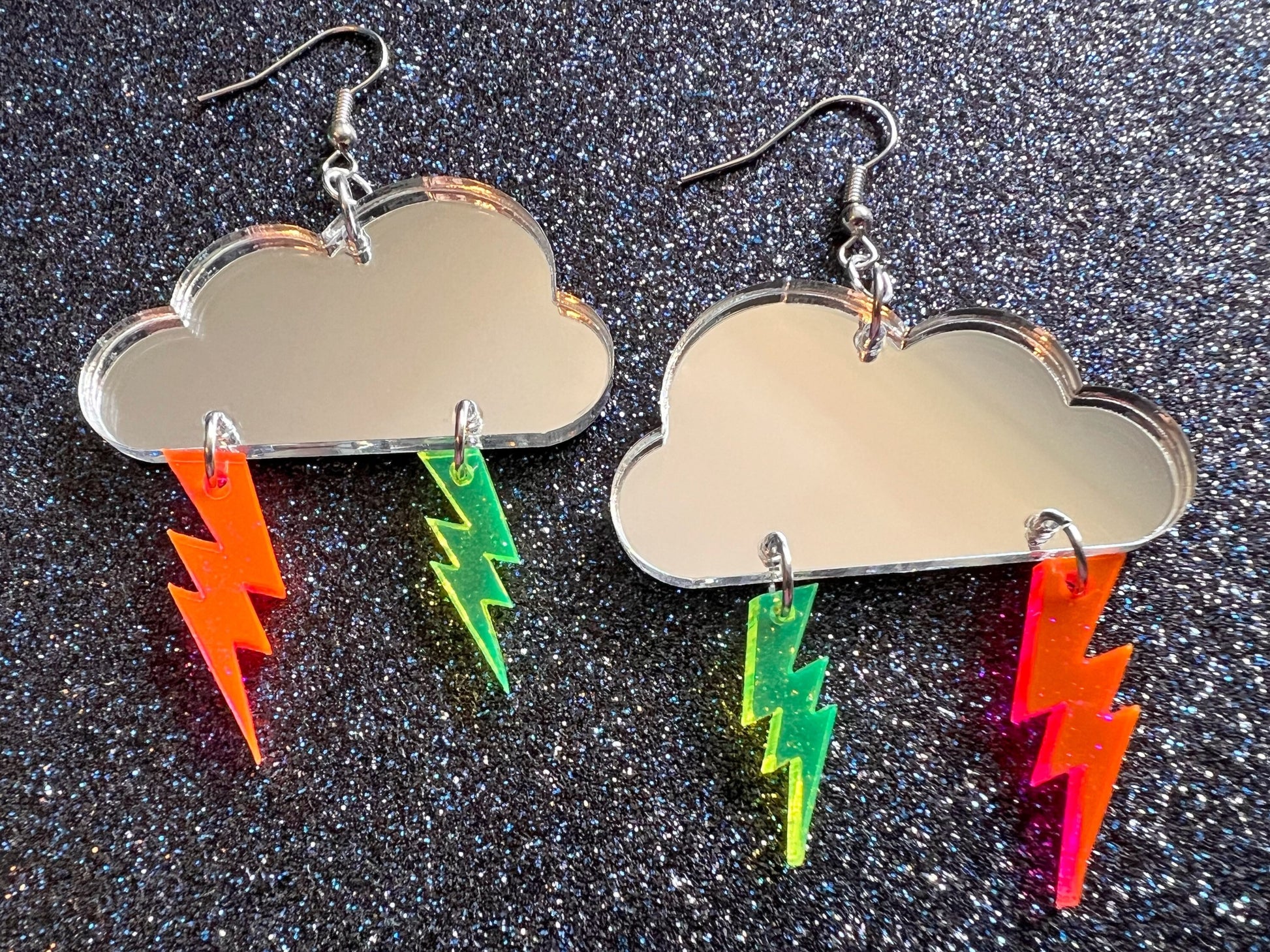 Party Neon Lightning Earrings: Laser Cut Acrylic Lightning Bolts, Psychedelic, Acid, Mirrored Clouds, Best Gifts for Her/Him/Them