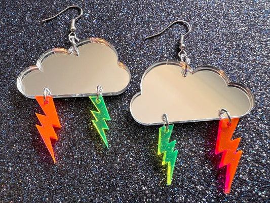 Party Neon Lightning Earrings: Laser Cut Acrylic Lightning Bolts, Psychedelic, Acid, Mirrored Clouds, Best Gifts for Her/Him/Them