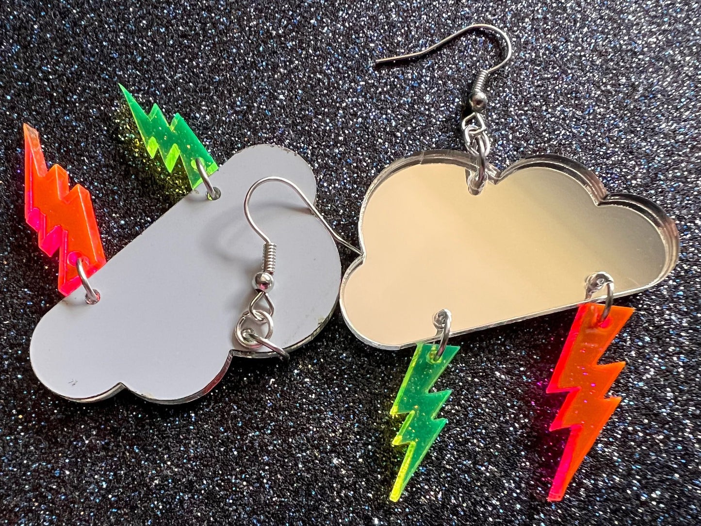 Party Neon Lightning Earrings: Laser Cut Acrylic Lightning Bolts, Psychedelic, Acid, Mirrored Clouds, Best Gifts for Her/Him/Them