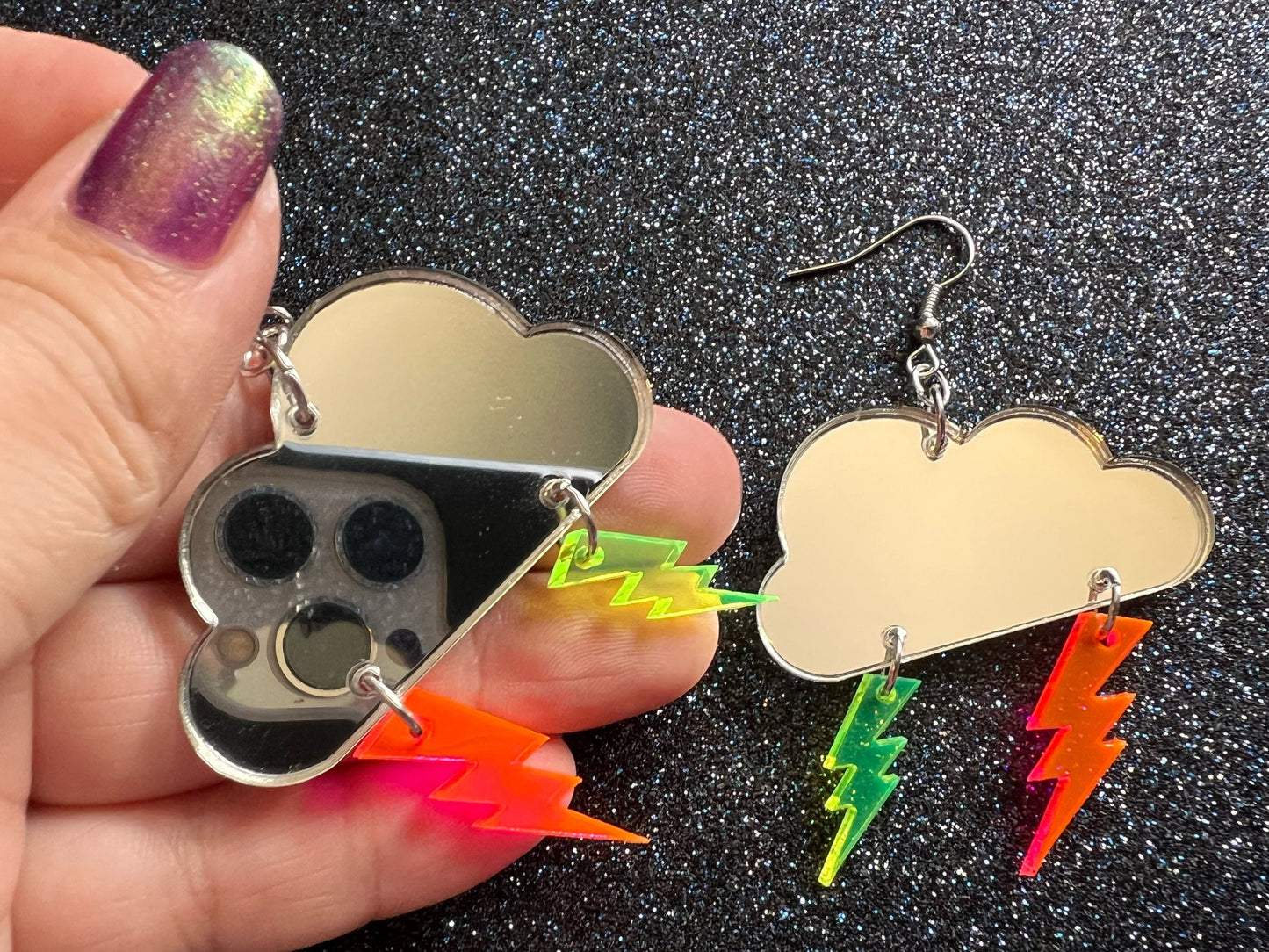 Party Neon Lightning Earrings: Laser Cut Acrylic Lightning Bolts, Psychedelic, Acid, Mirrored Clouds, Best Gifts for Her/Him/Them