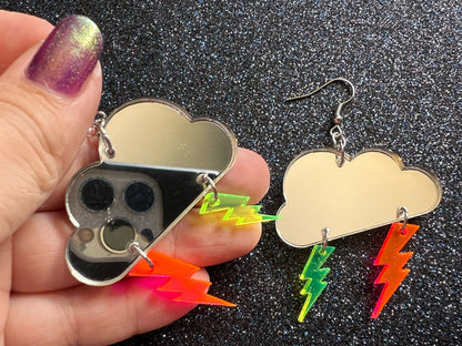 Party Neon Lightning Earrings: Laser Cut Acrylic Lightning Bolts, Psychedelic, Acid, Mirrored Clouds, Best Gifts for Her/Him/Them