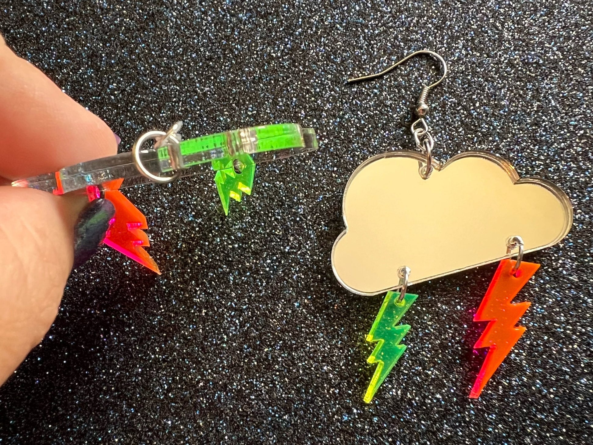 Party Neon Lightning Earrings: Laser Cut Acrylic Lightning Bolts, Psychedelic, Acid, Mirrored Clouds, Best Gifts for Her/Him/Them