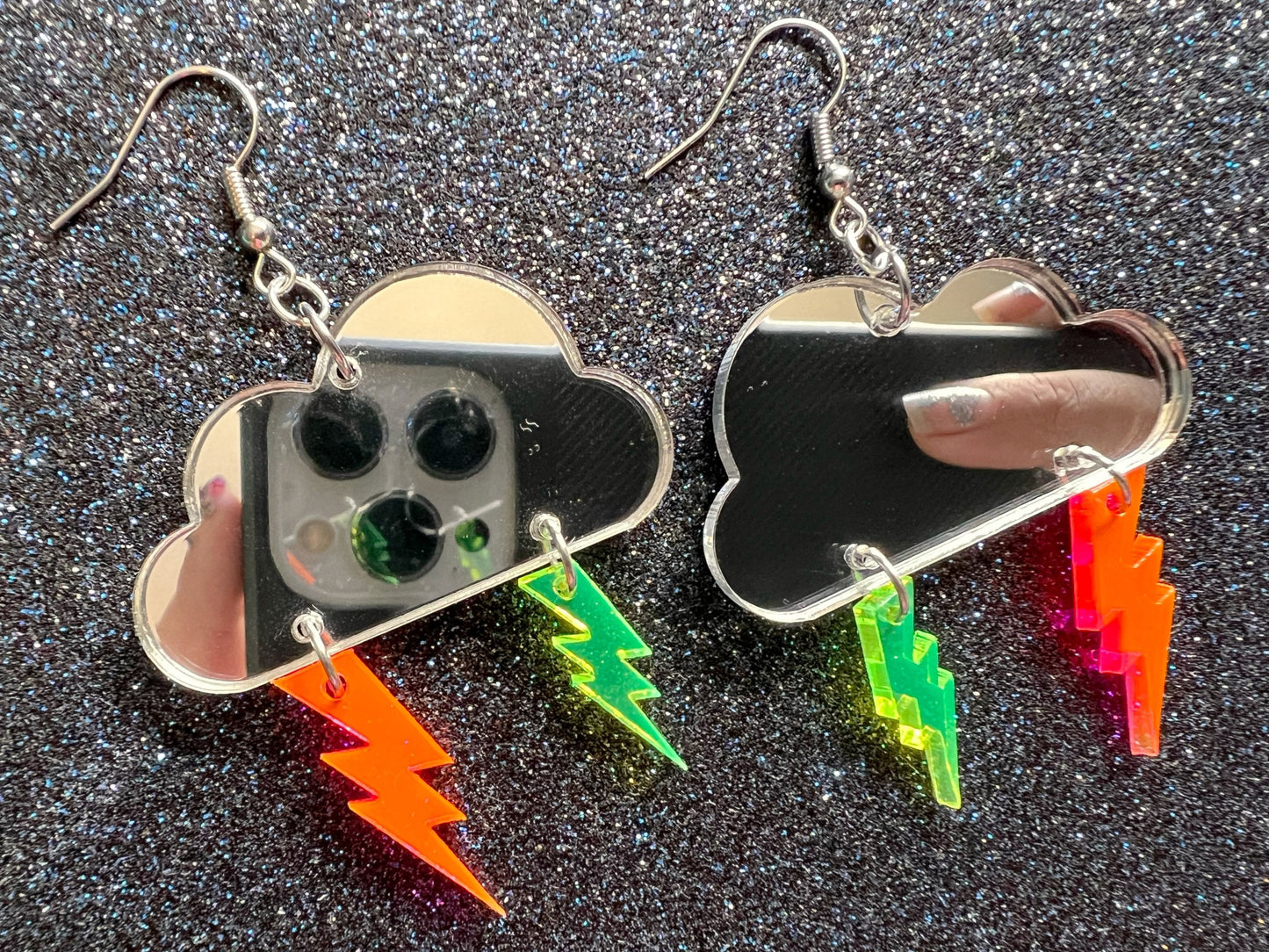 Party Neon Lightning Earrings: Laser Cut Acrylic Lightning Bolts, Psychedelic, Acid, Mirrored Clouds, Best Gifts for Her/Him/Them