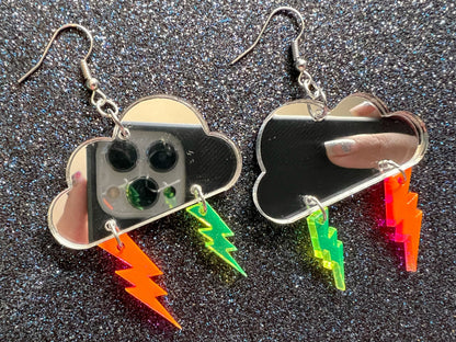 Party Neon Lightning Earrings: Laser Cut Acrylic Lightning Bolts, Psychedelic, Acid, Mirrored Clouds, Best Gifts for Her/Him/Them