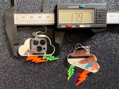 Party Neon Lightning Earrings: Laser Cut Acrylic Lightning Bolts, Psychedelic, Acid, Mirrored Clouds, Best Gifts for Her/Him/Them