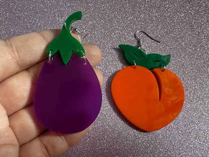 Peach & Eggplant Earrings: Laser Cut Acrylic Emojis, Fruit, Food Earrings, Obergine, Emoji, Summer Vibes, Best Gifts for Her/Him/Them