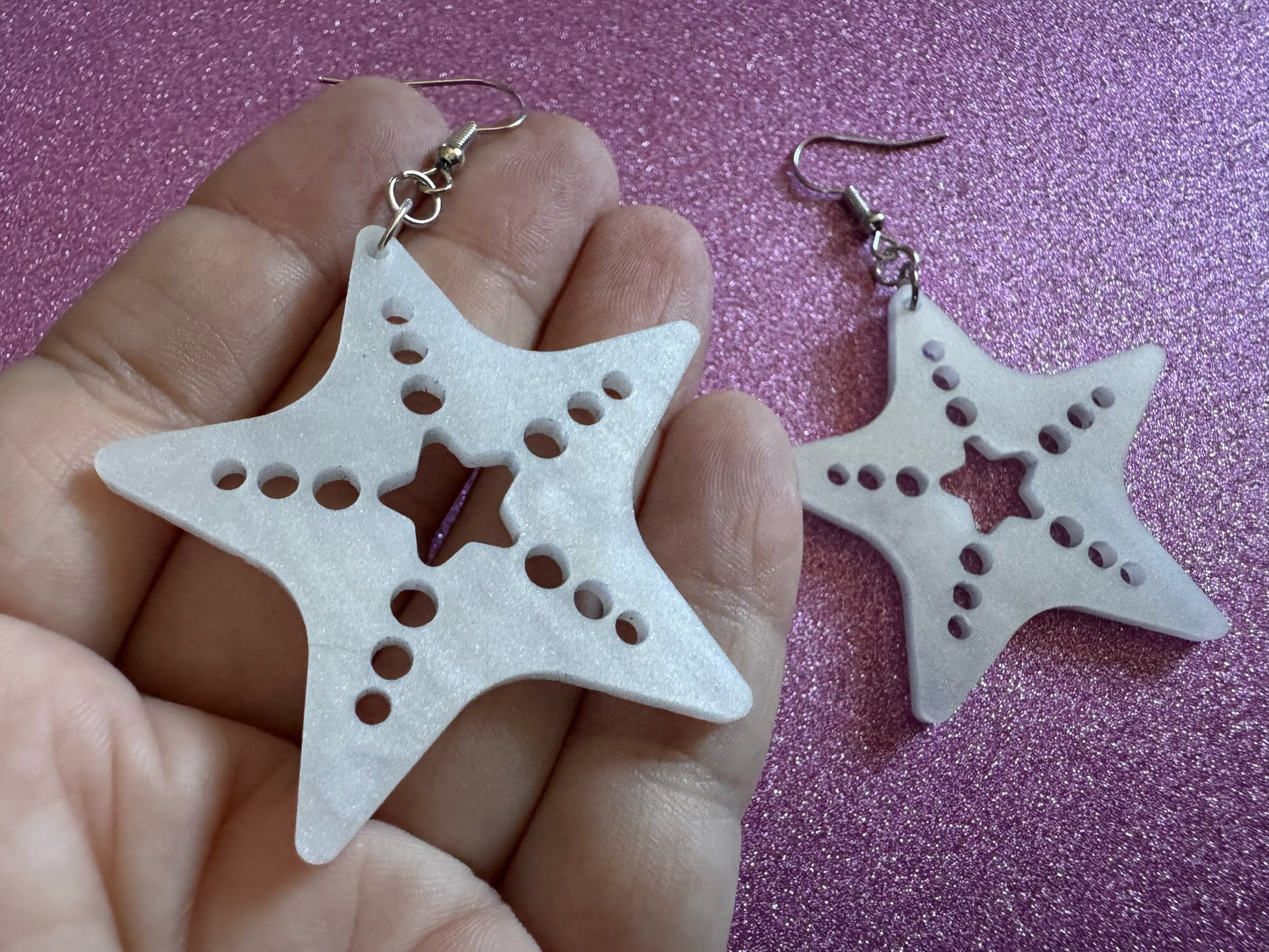 Pearlescent Starfish Earrings: Laser Cut Acrylic Stars, Ocean, Beach, Seashells, Pearl, Star Fuck, Sea Creature, Best Gifts for Her/Him/Them
