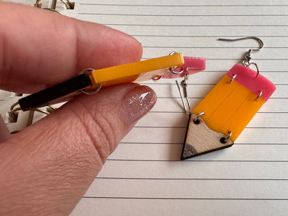 Pencil Back to School Earrings: Students, Teachers, Study, Education, Writing, Laser Cut Acrylic & Wood Pencils, Best Gifts for Her/Him/Them