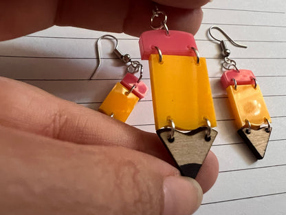Pencil Back to School Earrings: Students, Teachers, Study, Education, Writing, Laser Cut Acrylic & Wood Pencils, Best Gifts for Her/Him/Them