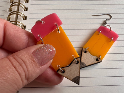 Pencil Back to School Earrings: Students, Teachers, Study, Education, Writing, Laser Cut Acrylic & Wood Pencils, Best Gifts for Her/Him/Them