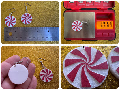 Peppermint Earrings: Laser Cut Acrylic Christmas Earrings, X-mas, After Dinner Mints, Santa Claus, Presents, Best Gifts for Her/Him/Them