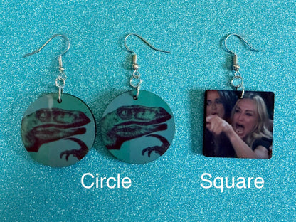 Philosoraptor Meme Earrings: Wooden Sublimation Meme Earrings, Dinosaur Thinking Meme, Novelty, Pop Culture, Best Gifts for Her/Him/Them