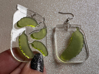 Pickle Earrings: Laser Cut Acrylic Pickle Jar Earrings, Pickle Festival, Cucumbers, Vegetables, Green, Food Earrings, Gifts for Her/Him/Them