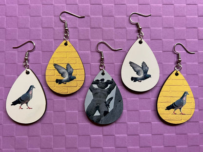 Pigeon Earrings: Sublimated City Bird, NYC, Animals, Doves, Birds, Pigeons, Dove,Animal, Zoo, Best Gifts for Her/Him/Them