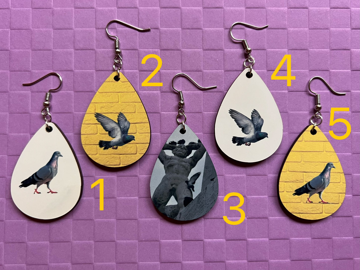 Pigeon Earrings: Sublimated City Bird, NYC, Animals, Doves, Birds, Pigeons, Dove,Animal, Zoo, Best Gifts for Her/Him/Them
