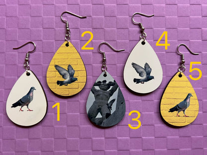 Pigeon Earrings: Sublimated City Bird, NYC, Animals, Doves, Birds, Pigeons, Dove,Animal, Zoo, Best Gifts for Her/Him/Them