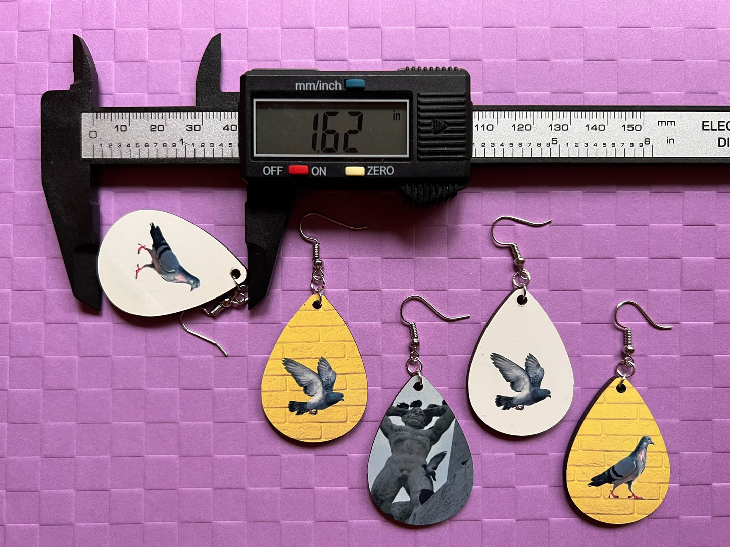 Pigeon Earrings: Sublimated City Bird, NYC, Animals, Doves, Birds, Pigeons, Dove,Animal, Zoo, Best Gifts for Her/Him/Them