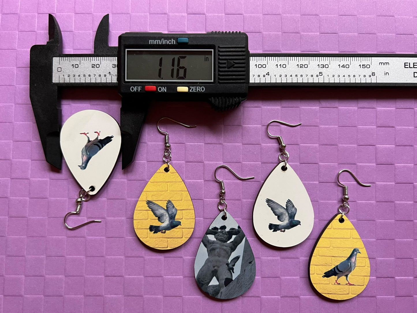 Pigeon Earrings: Sublimated City Bird, NYC, Animals, Doves, Birds, Pigeons, Dove,Animal, Zoo, Best Gifts for Her/Him/Them