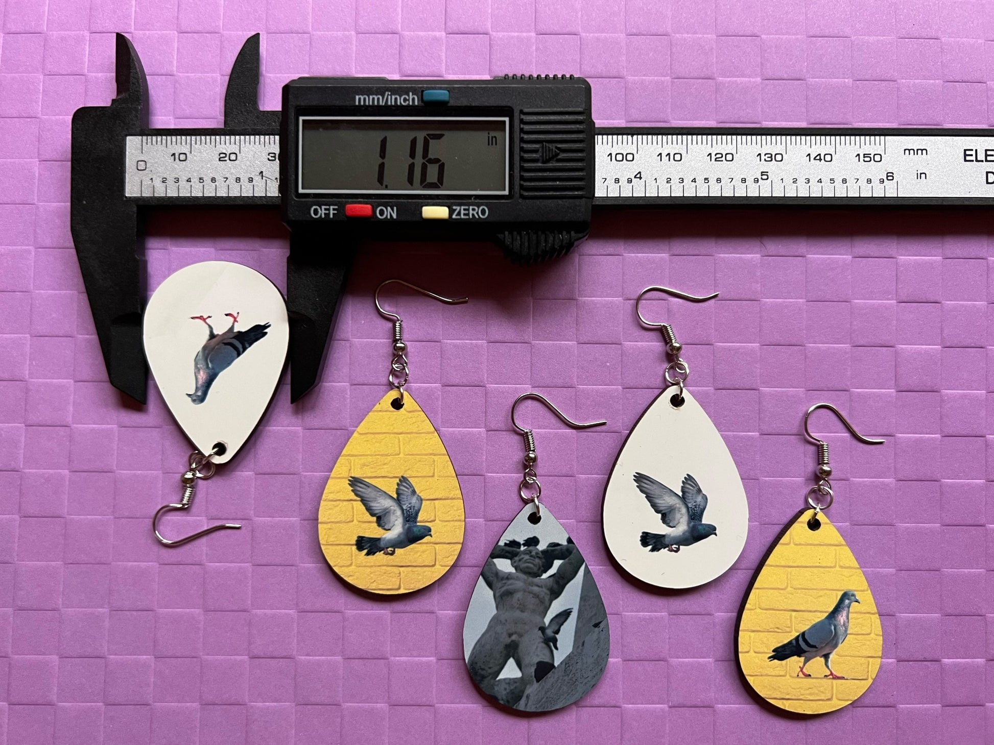 Pigeon Earrings: Sublimated City Bird, NYC, Animals, Doves, Birds, Pigeons, Dove,Animal, Zoo, Best Gifts for Her/Him/Them