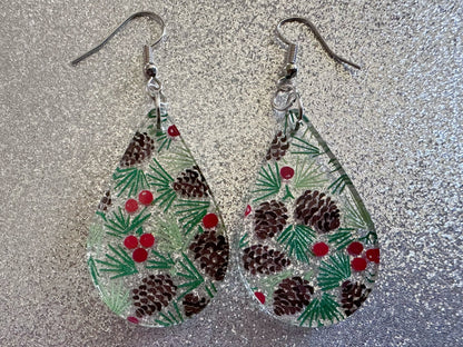 Pinecone Earrings: Laser Cut Acrylic Berries, Pine Tree Needles, Pinecones, Christmas Trees, Green, Cottage, Best Gifts for Her/Him/Them