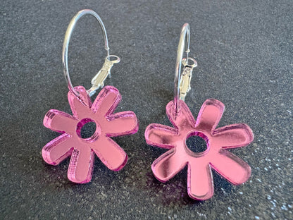Pink Flower Earrings: Laser Cut Acrylic Flowers on Loops, Floral, Flowers, Tropical, Botanical, Summer Vibes, Best Gifts for Her/Him/Them