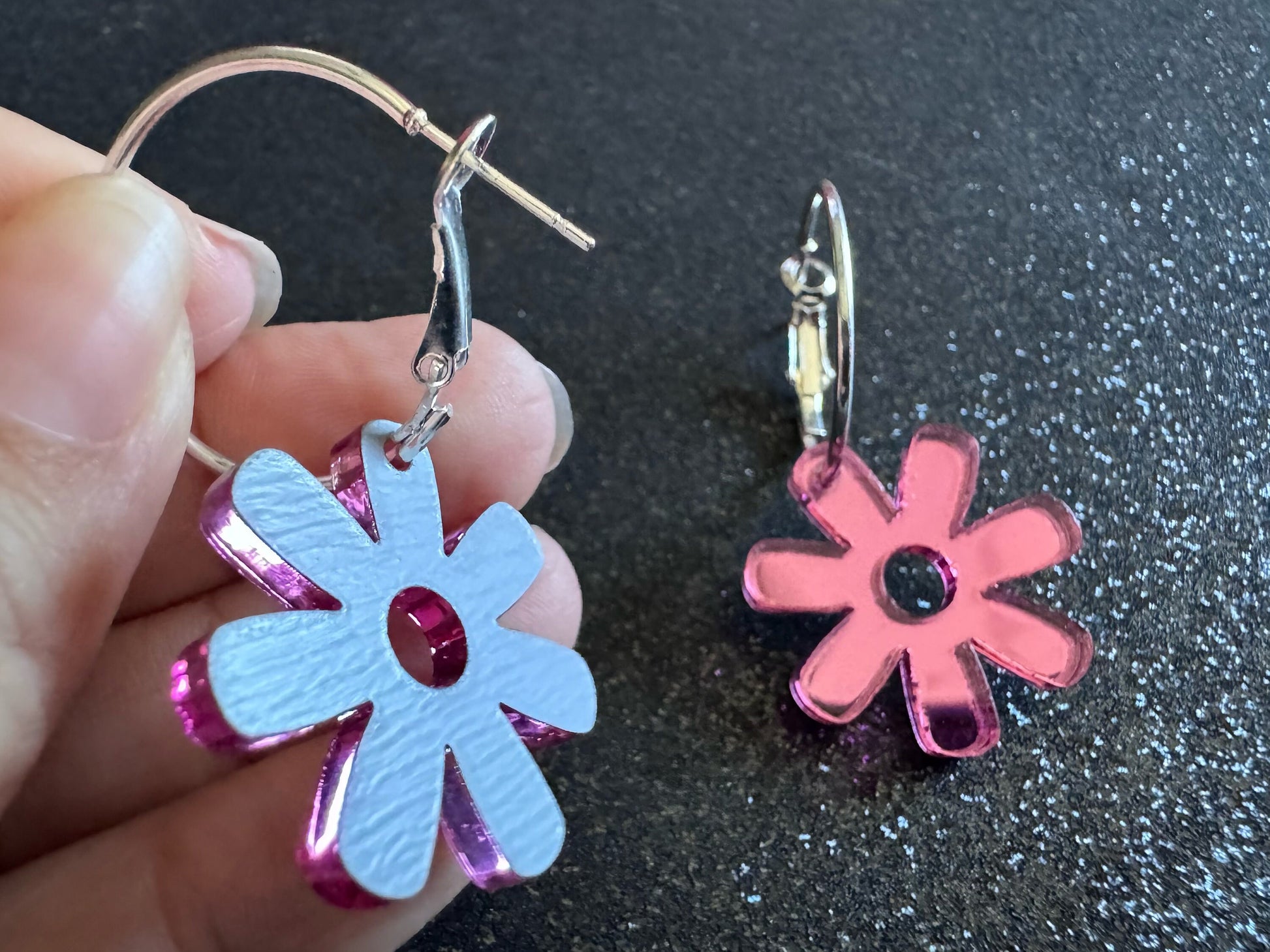 Pink Flower Earrings: Laser Cut Acrylic Flowers on Loops, Floral, Flowers, Tropical, Botanical, Summer Vibes, Best Gifts for Her/Him/Them