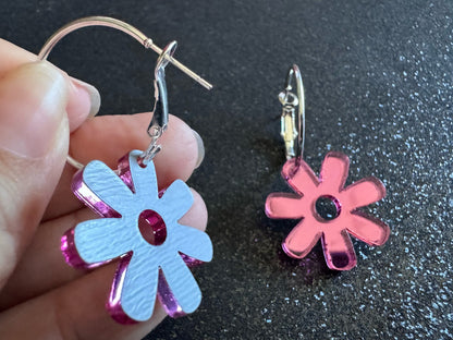 Pink Flower Earrings: Laser Cut Acrylic Flowers on Loops, Floral, Flowers, Tropical, Botanical, Summer Vibes, Best Gifts for Her/Him/Them