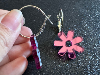Pink Flower Earrings: Laser Cut Acrylic Flowers on Loops, Floral, Flowers, Tropical, Botanical, Summer Vibes, Best Gifts for Her/Him/Them