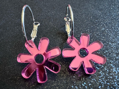 Pink Flower Earrings: Laser Cut Acrylic Flowers on Loops, Floral, Flowers, Tropical, Botanical, Summer Vibes, Best Gifts for Her/Him/Them