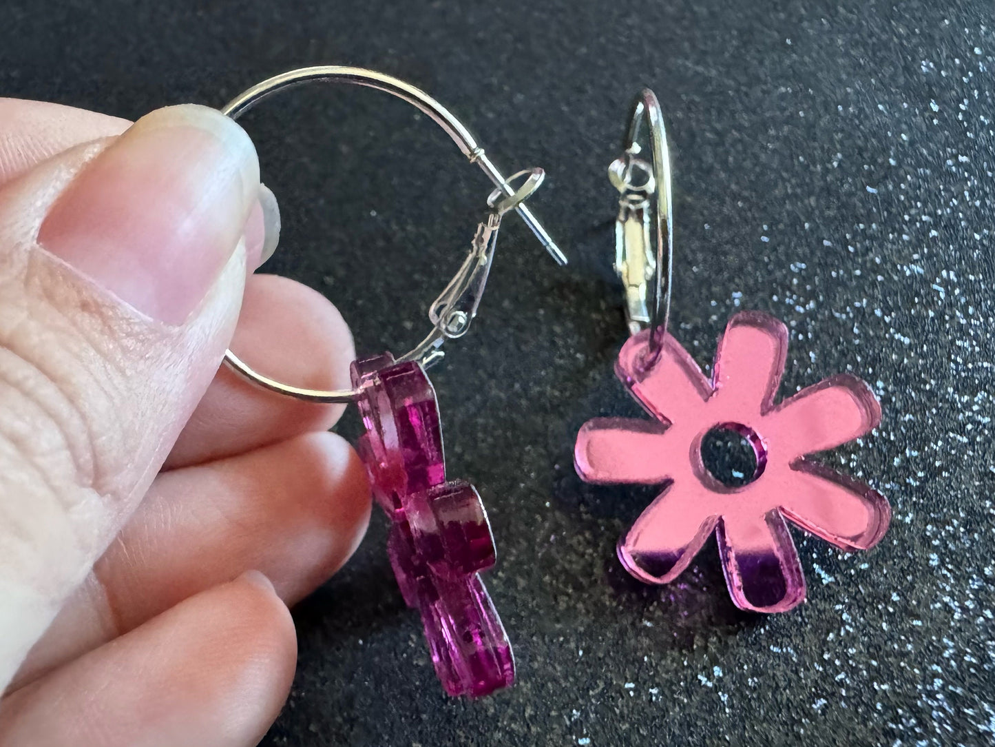 Pink Flower Earrings: Laser Cut Acrylic Flowers on Loops, Floral, Flowers, Tropical, Botanical, Summer Vibes, Best Gifts for Her/Him/Them