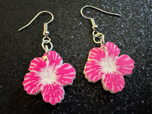 Pink Hibiscus Earrings: Laser Cut Acrylic Flowers, Floral, Flowers, Hawaii, Maui Strong, Summer Vibes, Best Gifts for Her/Him/Them