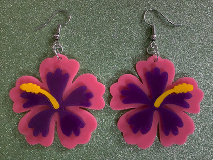 Pink Purple Hibiscus Earrings: Laser Cut Acrylic Flowers, Floral, Flower, Hawaii, Maui Strong, Summer Vibes, Best Gifts for Her/Him/Them