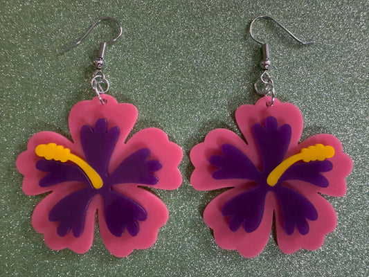 Pink Purple Hibiscus Earrings: Laser Cut Acrylic Flowers, Floral, Flower, Hawaii, Maui Strong, Summer Vibes, Best Gifts for Her/Him/Them