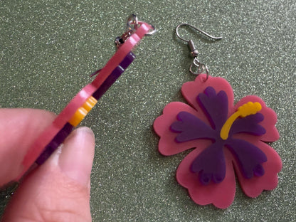 Pink Purple Hibiscus Earrings: Laser Cut Acrylic Flowers, Floral, Flower, Hawaii, Maui Strong, Summer Vibes, Best Gifts for Her/Him/Them
